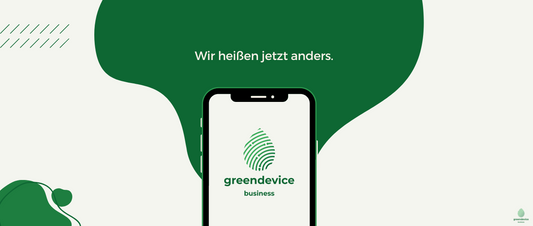 Handy mit greendevice business Logo "Wir heißen jetzt anders."